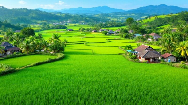 Pemandangan desa Kembang dengan sawah hijau dan rumah tradisional.