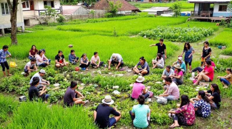 Komunitas desa berkumpul di ladang pertanian berkelanjutan.