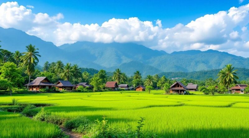 Pemandangan desa Kembang dengan sawah hijau dan rumah tradisional.