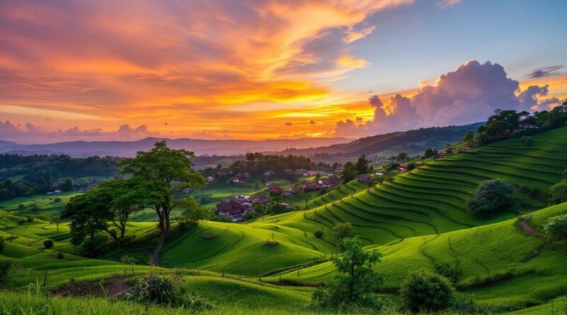 Pemandangan indah Kabupaten Jawa Timur dengan pegunungan dan sunset.