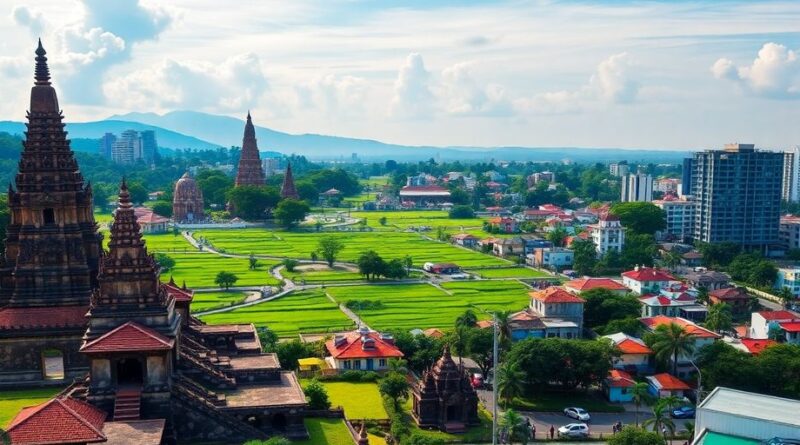 Pemandangan Jawa Timur dengan candi dan sawah hijau.