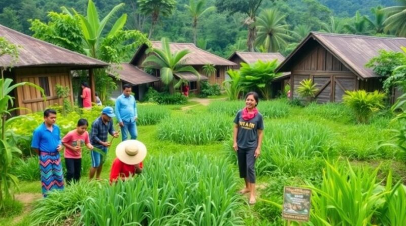 Gambaran desa berkelanjutan dengan aktivitas pertanian.